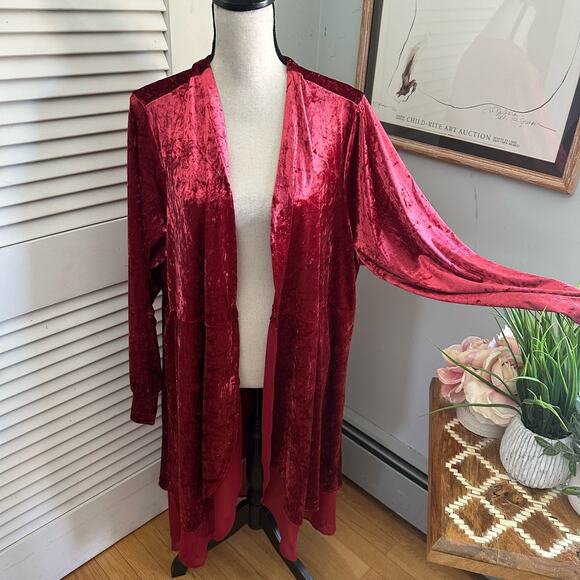 TORRID 3 Womens Jacket 3X Red Crushed Velvet Open Front Long Line Witchy Grunge - Picture 1 of 11